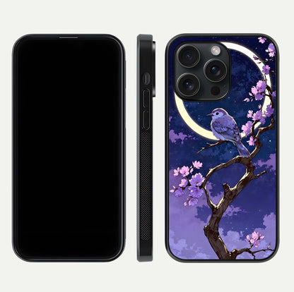 Celestial Bird Blossom Glass Case for iPhone 15 Pro dual-view layout showing art composition and edge clarity