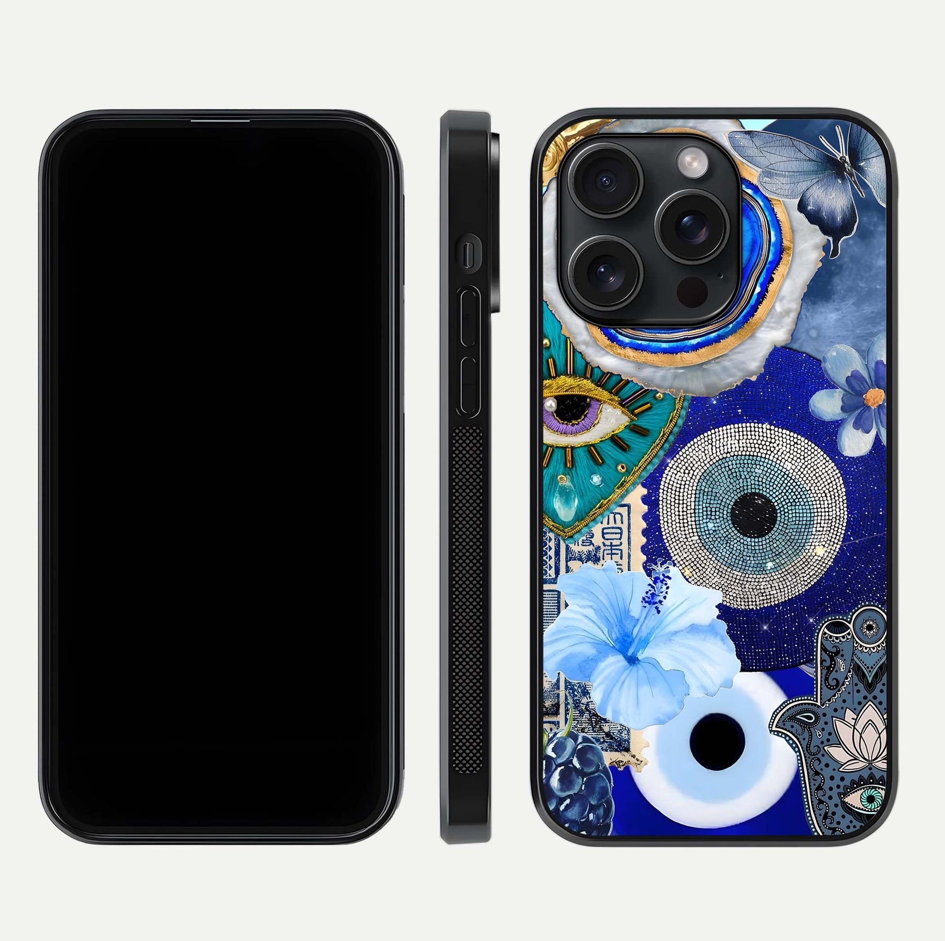 Celestial Blue Vision Glass Case for iPhone 15 Pro dual-view layout showing celestial gradient and curved edges