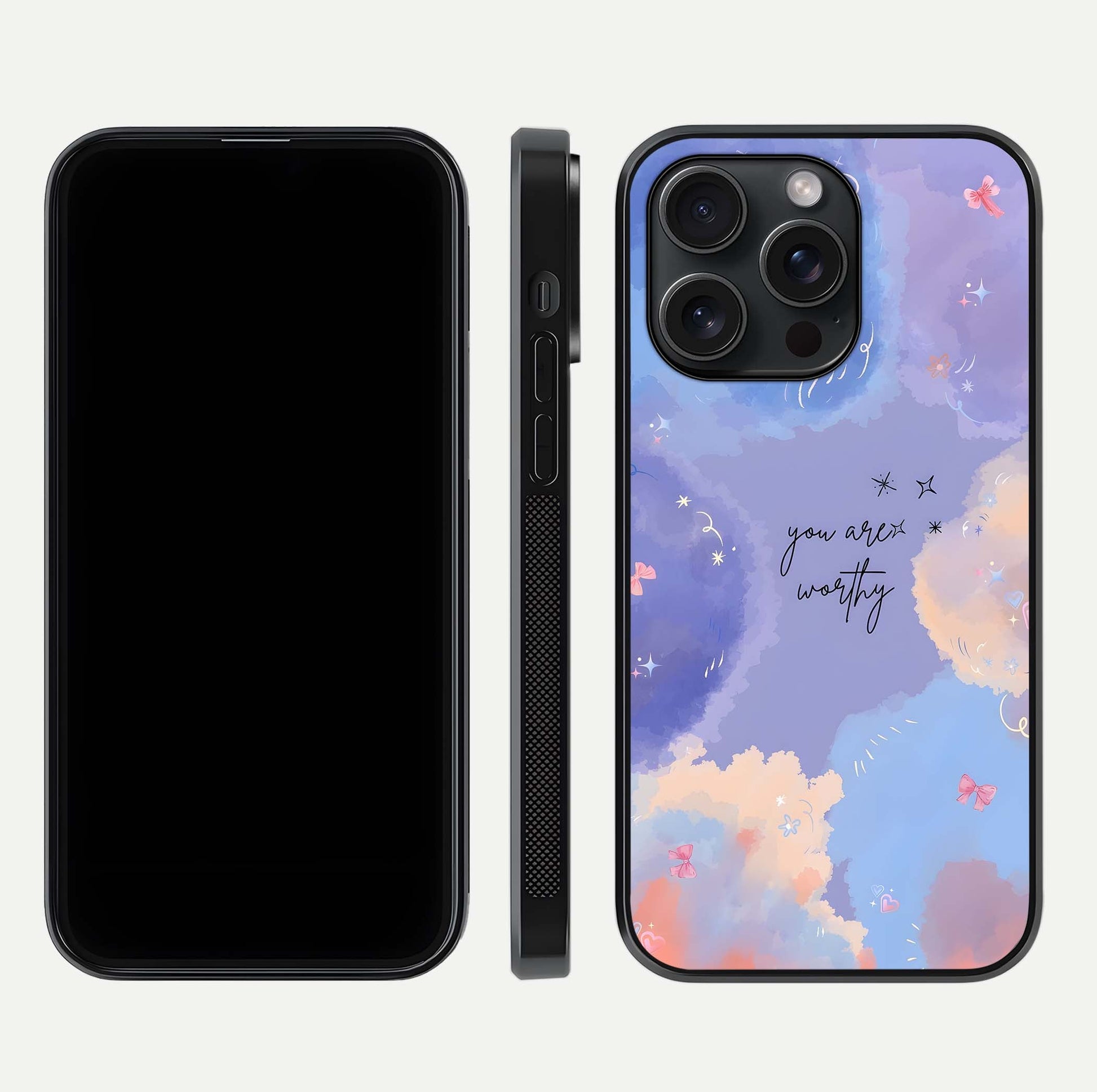 Celestial Cloud Magic Glass Case for iPhone 15 Pro dual-view layout showcasing soft color transition and gloss shine