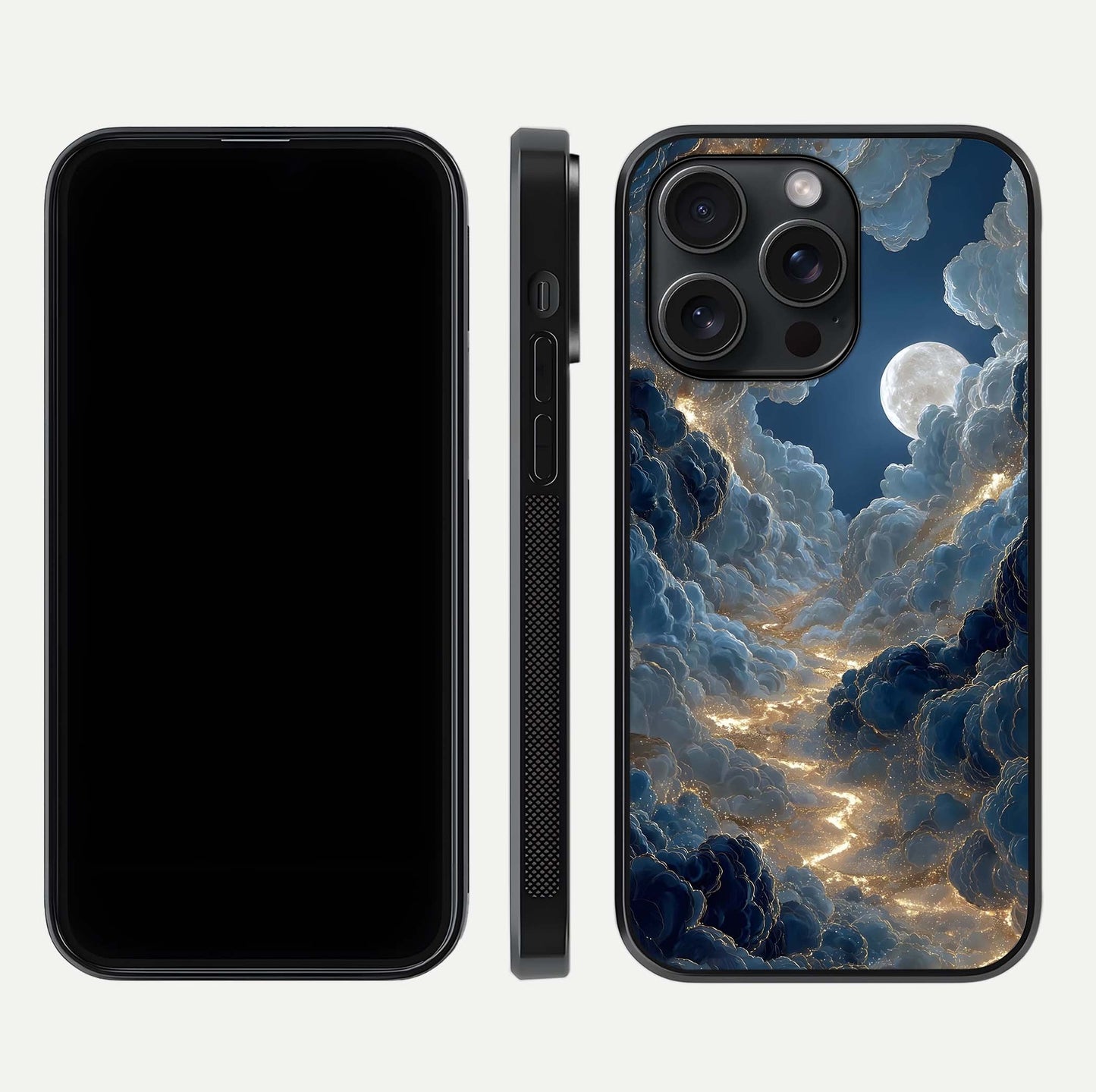 Celestial Cloud Road Glass Case for iPhone 15 Pro front-and-back layout displaying balance between light and depth