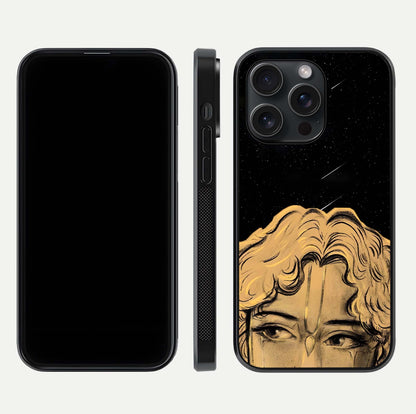 Celestial God’s Plan Glass Case for iPhone 15 Pro front & back layout showing smooth finish and spiritual art