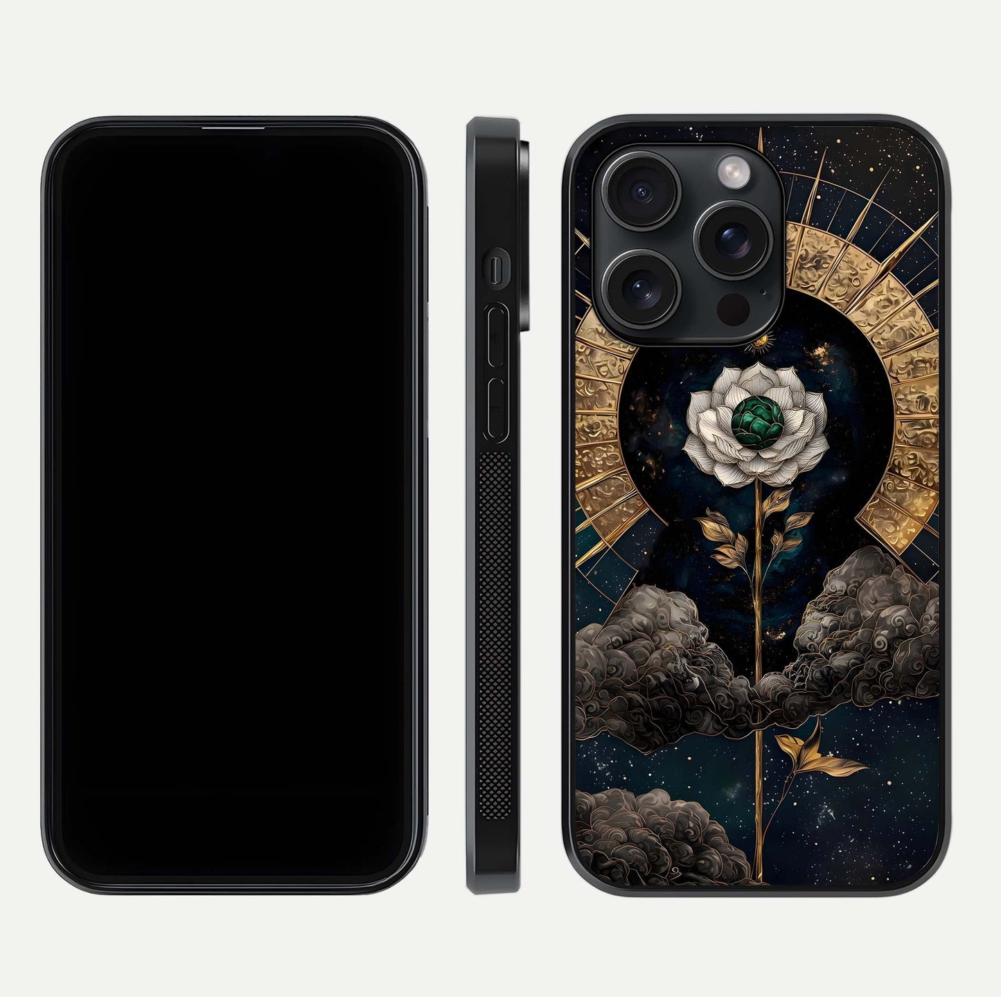 Celestial Lotus Morang Glass Case for iPhone 15 Pro dual-view layout displaying floral symmetry and polished edges