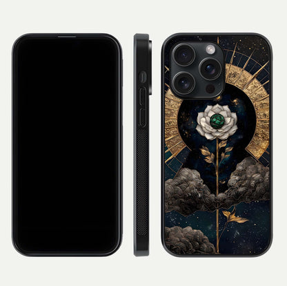 Celestial Lotus Morang Glass Case for iPhone 15 Pro dual-view layout displaying floral symmetry and polished edges