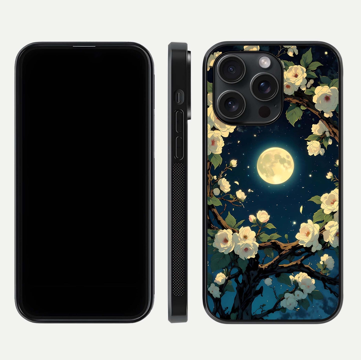 Celestial Moon & Flower Glass Case for iPhone 15 Pro dual-view layout showing balanced lunar art and gloss tone