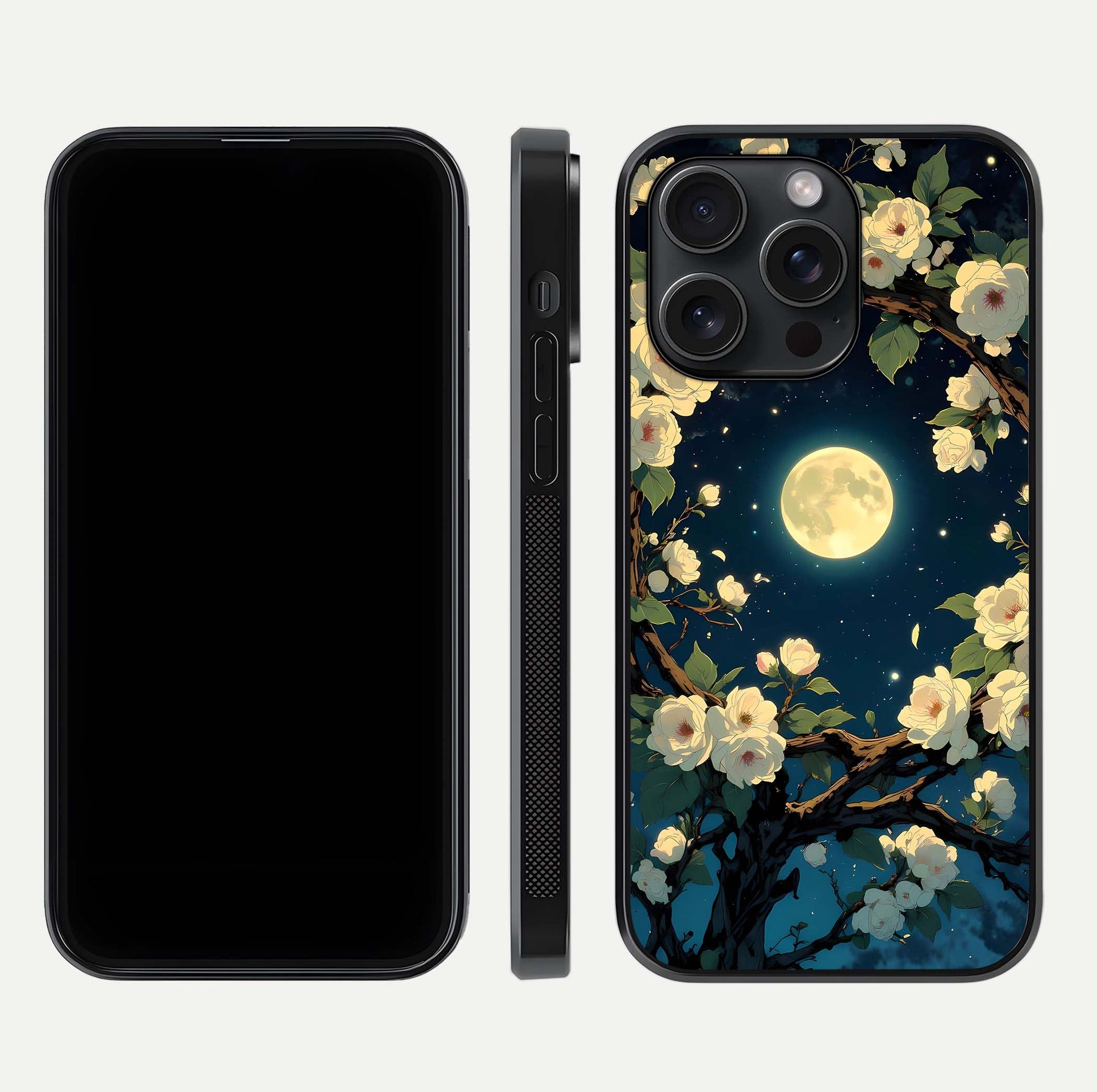 Celestial Moon & Flower Glass Case for iPhone 15 Pro dual-view layout showing balanced lunar art and gloss tone