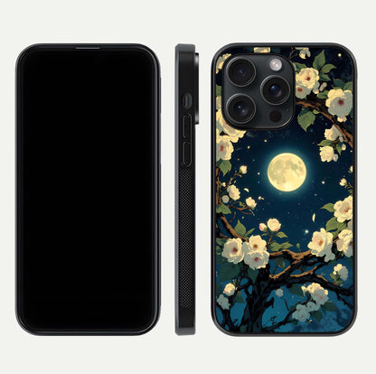 Celestial Moon & Flower Glass Case for iPhone 15 Pro dual-view layout showing balanced lunar art and gloss tone