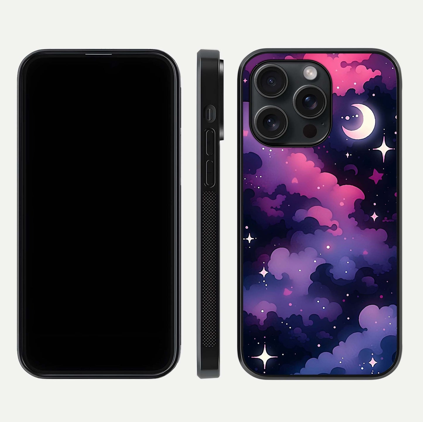 Celestial Moon Magic Glass Case for iPhone 15 Pro dual-view layout displaying lunar design and sleek edges