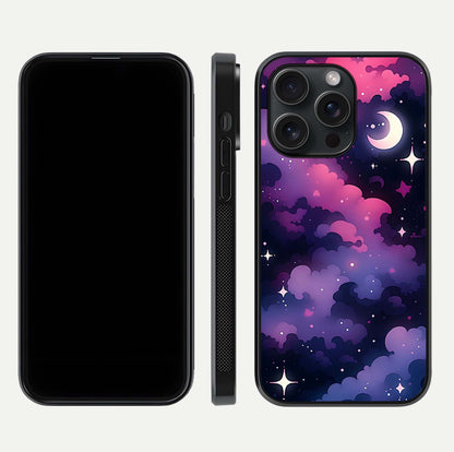Celestial Moon Magic Glass Case for iPhone 15 Pro dual-view layout displaying lunar design and sleek edges