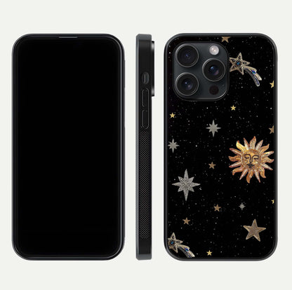 Celestial Moon With Stars Glass Case for iPhone 15 Pro front-and-back layout displaying lunar art and premium finish