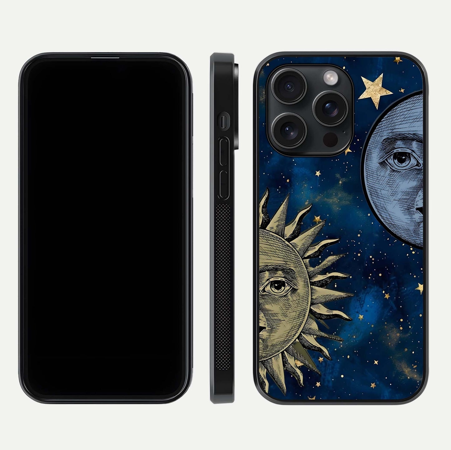 Celestial Moon With Sun Glass Case for iPhone 15 Pro dual-view layout showing luminous pattern and curved edges
