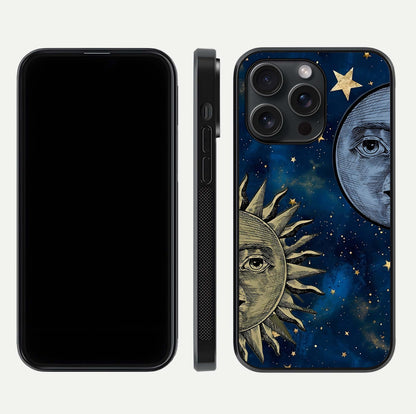 Celestial Moon With Sun Glass Case for iPhone 15 Pro dual-view layout showing luminous pattern and curved edges