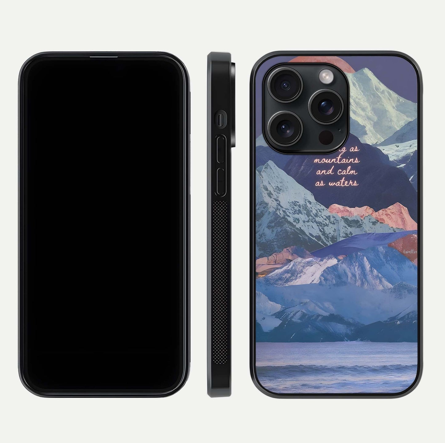 Celestial Mountain Calm Glass Case for iPhone 15 Pro dual-view layout displaying scenic tones and curved finish