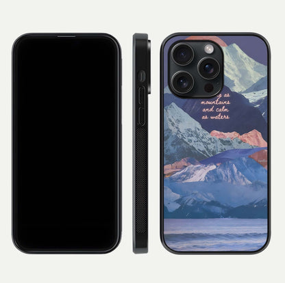 Celestial Mountain Calm Glass Case for iPhone 15 Pro dual-view layout displaying scenic tones and curved finish