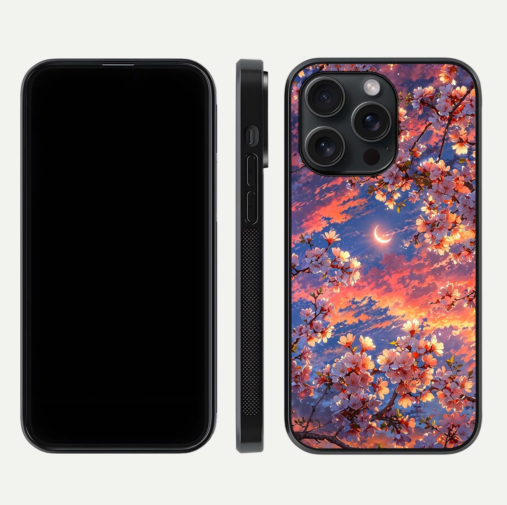 Celestial Sakura Sunset Glass Case for iPhone 15 Pro dual-view layout showing floral gradient and reflection polish