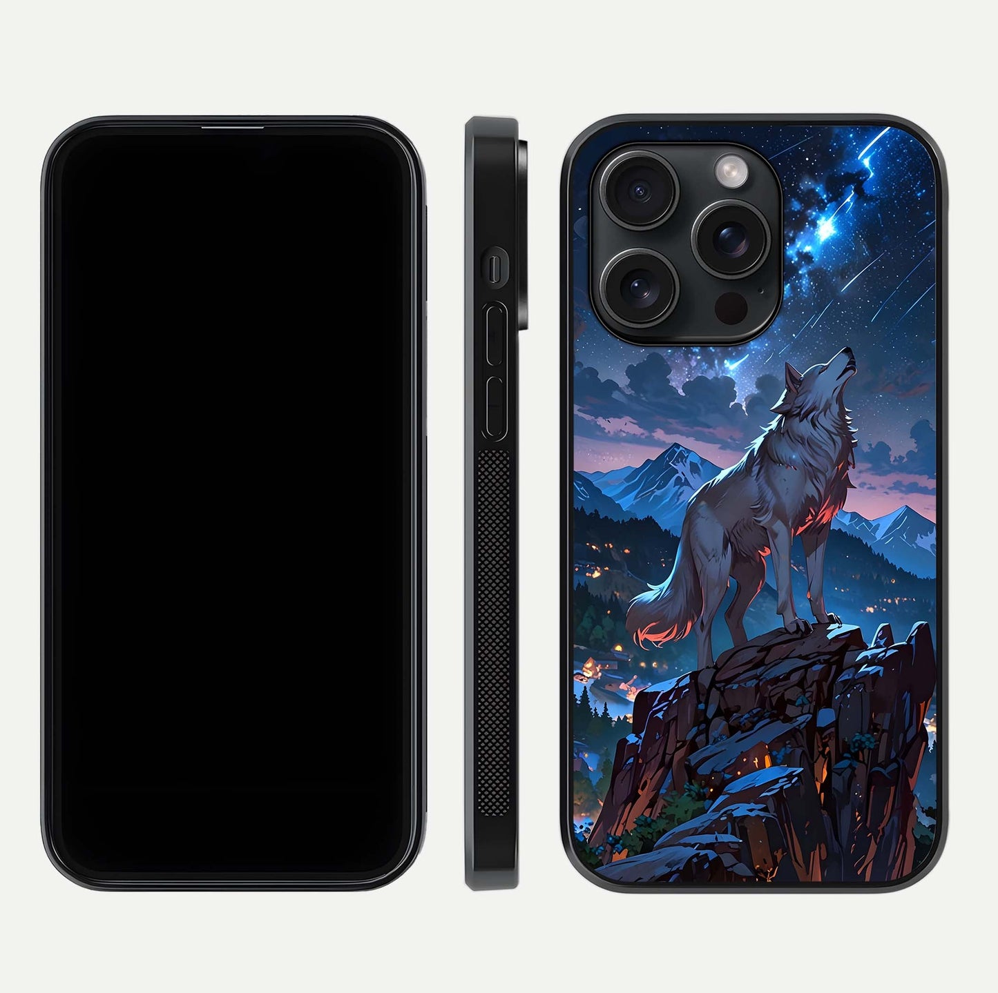 Celestial Wolf Howl Glass Case for iPhone 15 Pro dual-view layout displaying night tones and protective glass edges