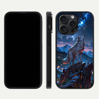 Celestial Wolf Howl Glass Case for iPhone 15 Pro dual-view layout displaying night tones and protective glass edges