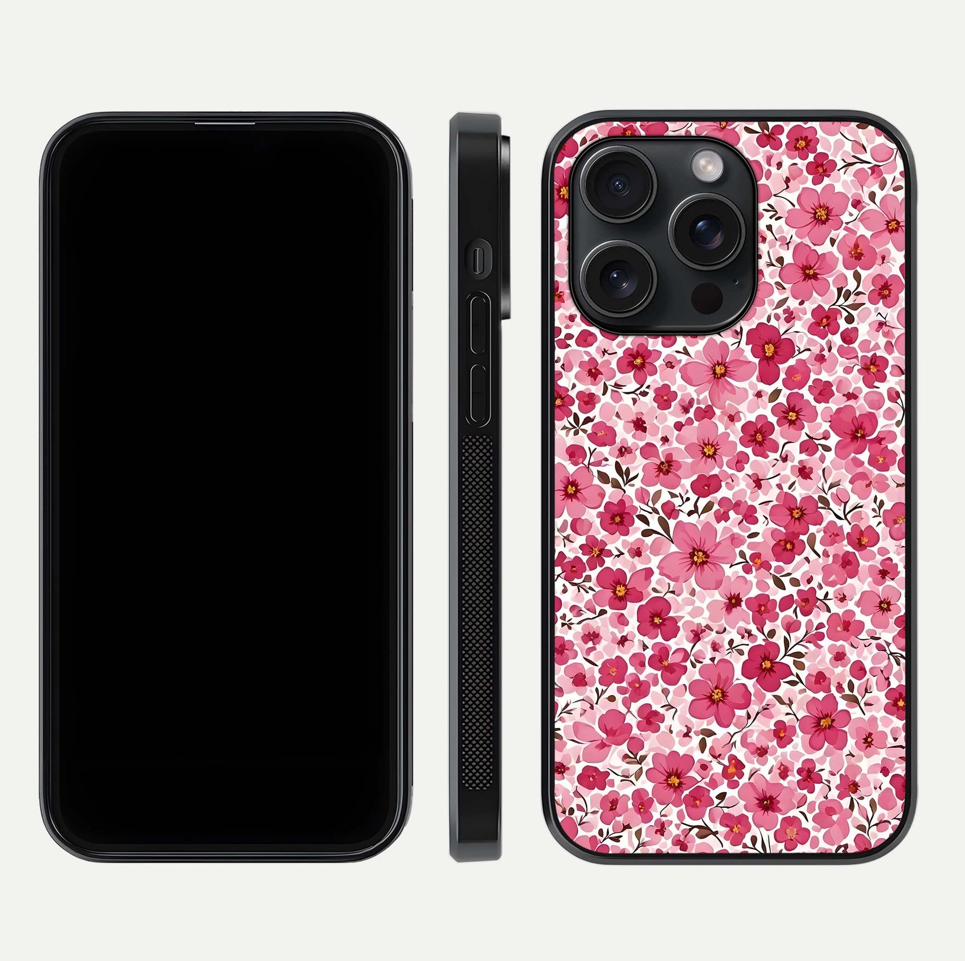 Cherry Blossom Charm Glass Case for iPhone 15 Pro dual-view layout showing elegant floral balance and HD gloss