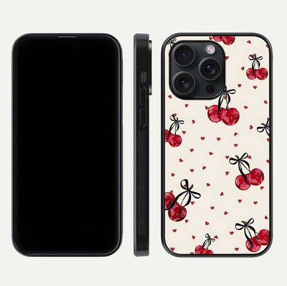Cherry Heart Bow Glass Case for iPhone 15 Pro front-and-back view showing design clarity and edge protection