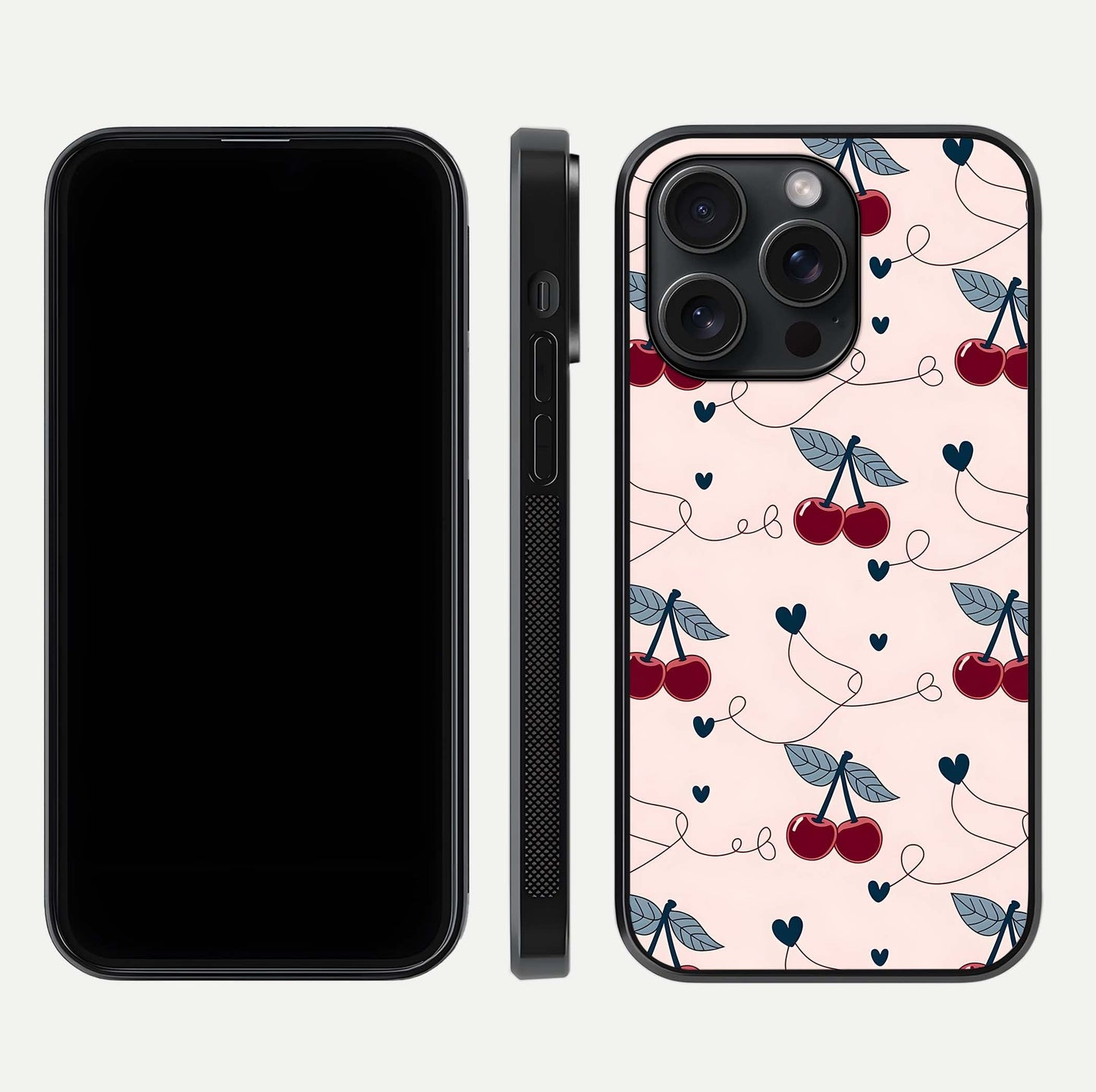 Cherry Heart Line Glass Case for iPhone 15 Pro dual-view layout displaying minimal cherry motif and edge design