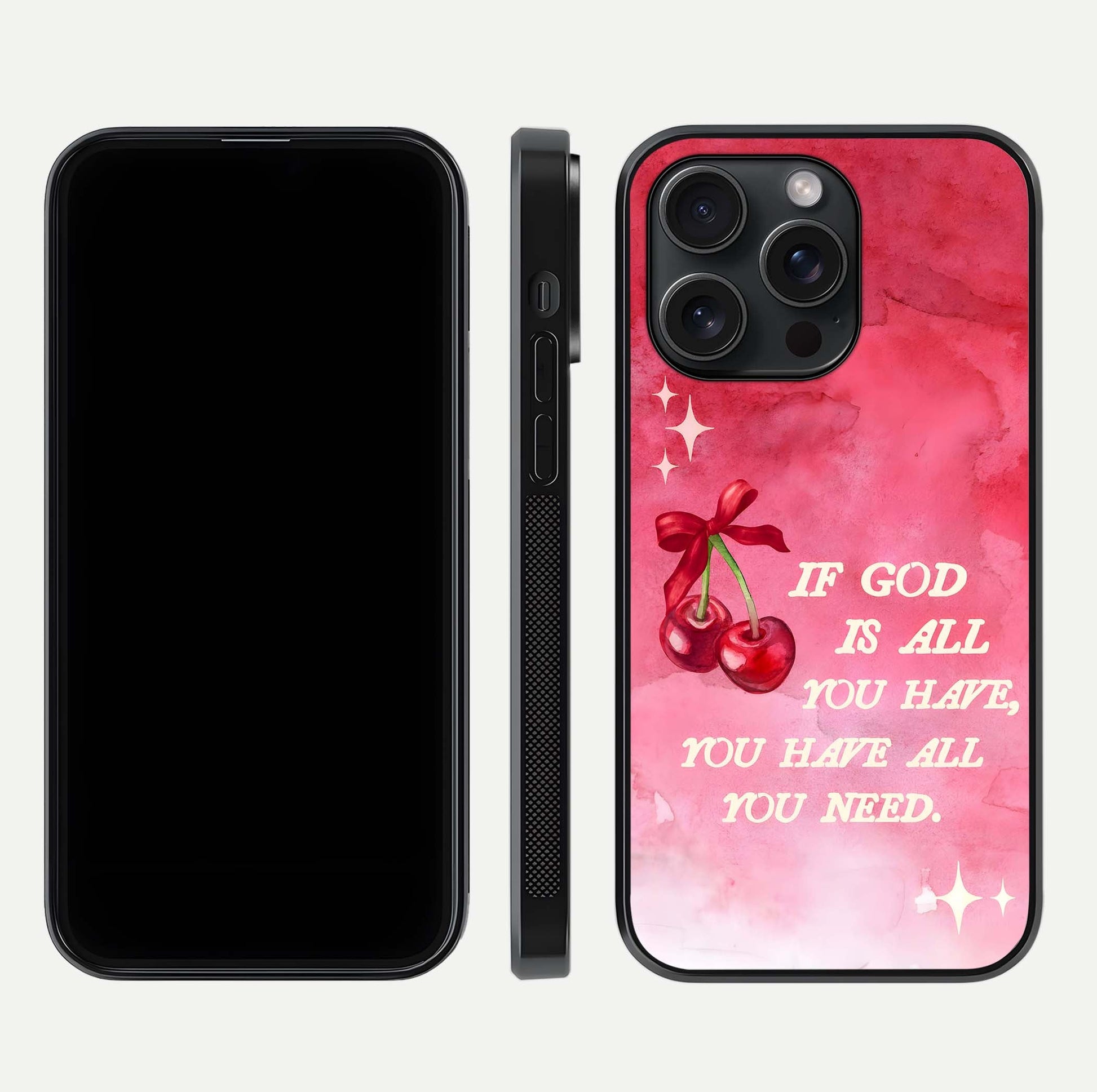 Cherry Quote Glass Case for iPhone 15 Pro dual-view layout showing red cherry tones and text balance