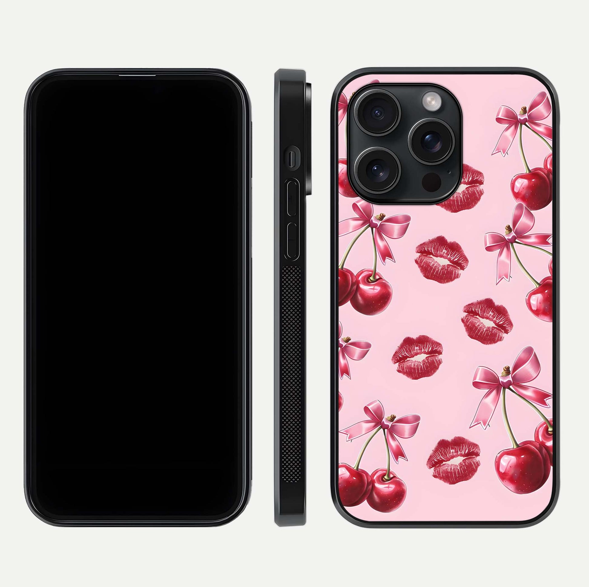 Cherry With Lips Glass Case for iPhone 15 Pro front-and-back layout displaying detailed design and glass finish