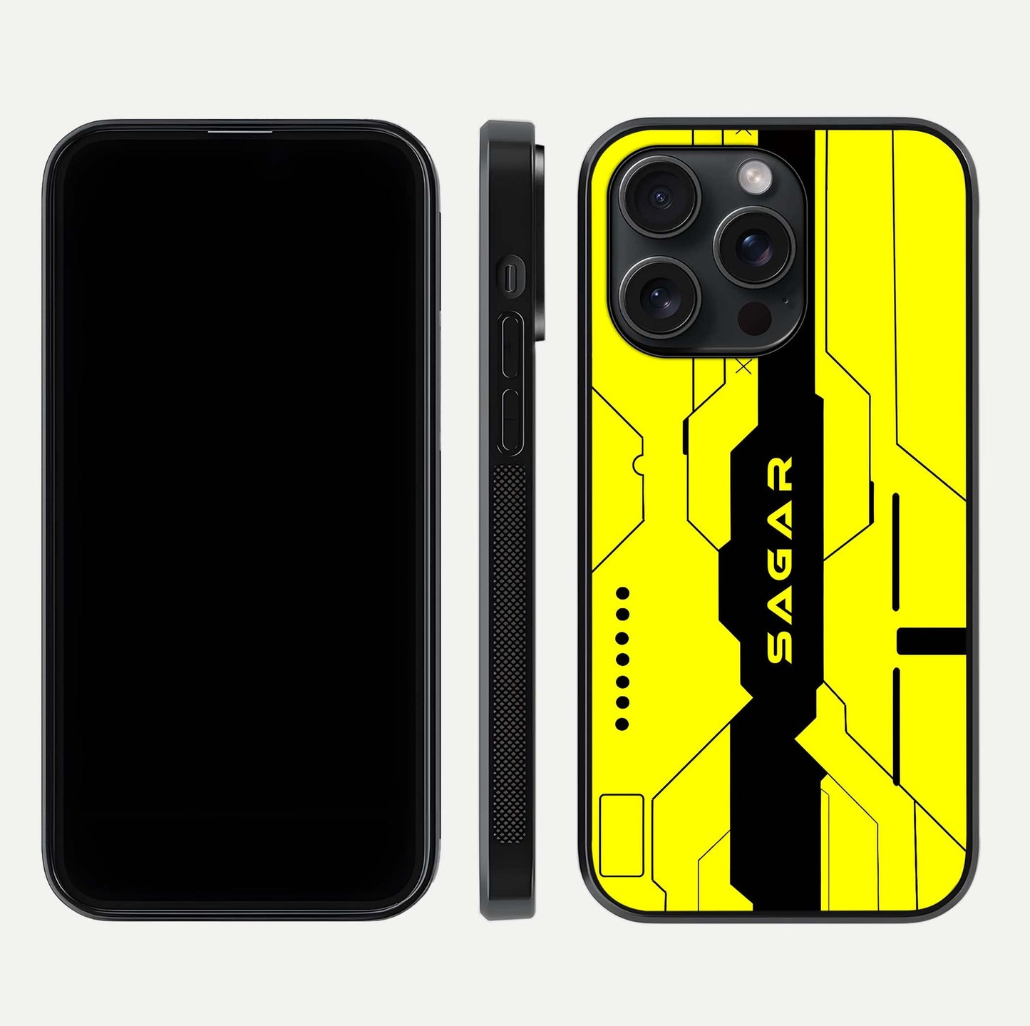 Circuit CYBERPUNK Custom Name Glass Case for iPhone 15 Pro dual-view layout showing bold tech art and edge clarity