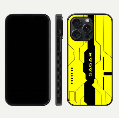Circuit CYBERPUNK Custom Name Glass Case for iPhone 15 Pro dual-view layout showing bold tech art and edge clarity