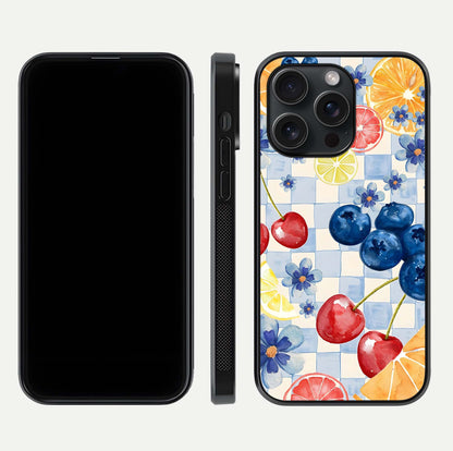 Citrus Bloom Joy Glass Case for iPhone 15 Pro dual-view layout displaying colorful print and smooth edges