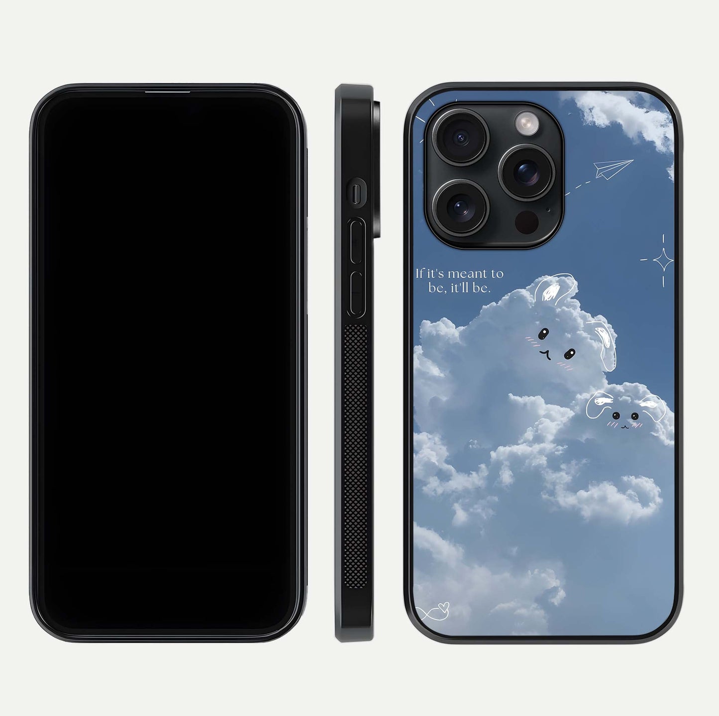 Cloud Bunny Dreams Glass Case for iPhone 15 Pro dual-view layout displaying aesthetic tones and smooth polish