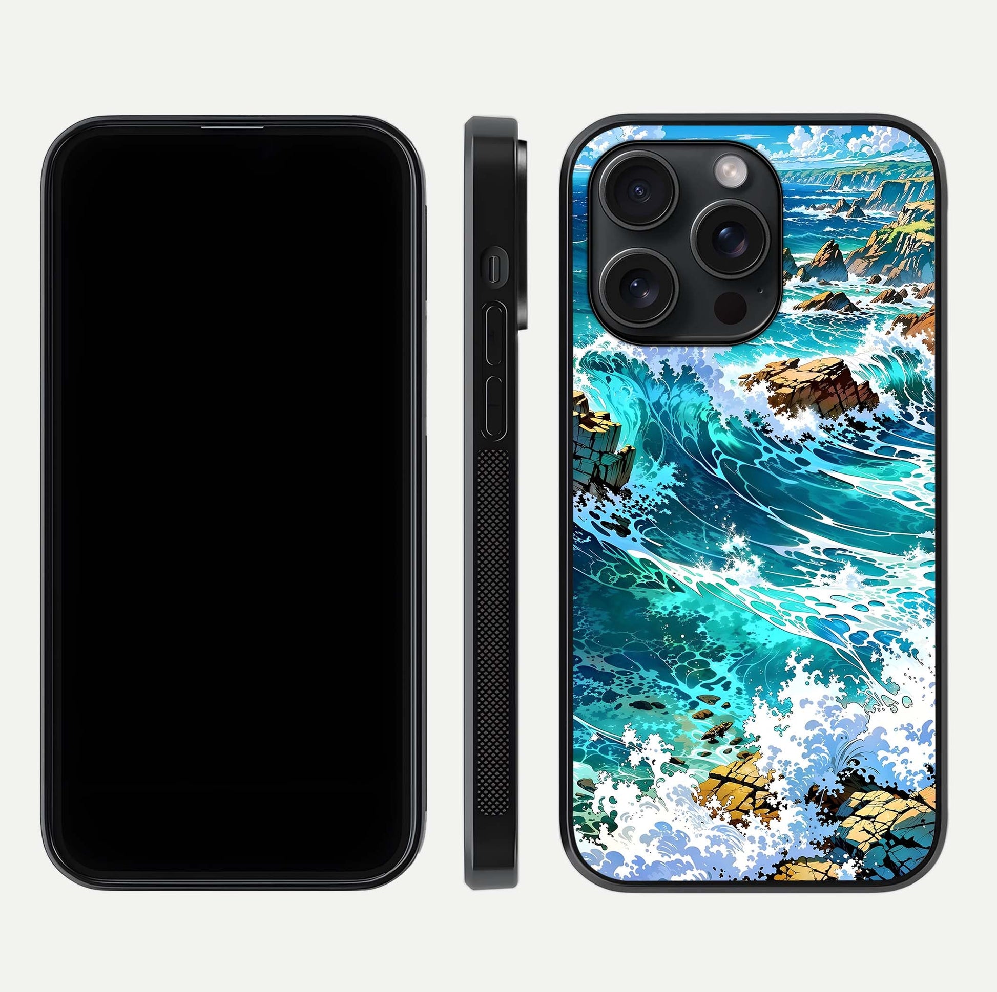 Coastal Blue Waves Glass Case for iPhone 15 Pro dual-view layout displaying sea tones and curved finish