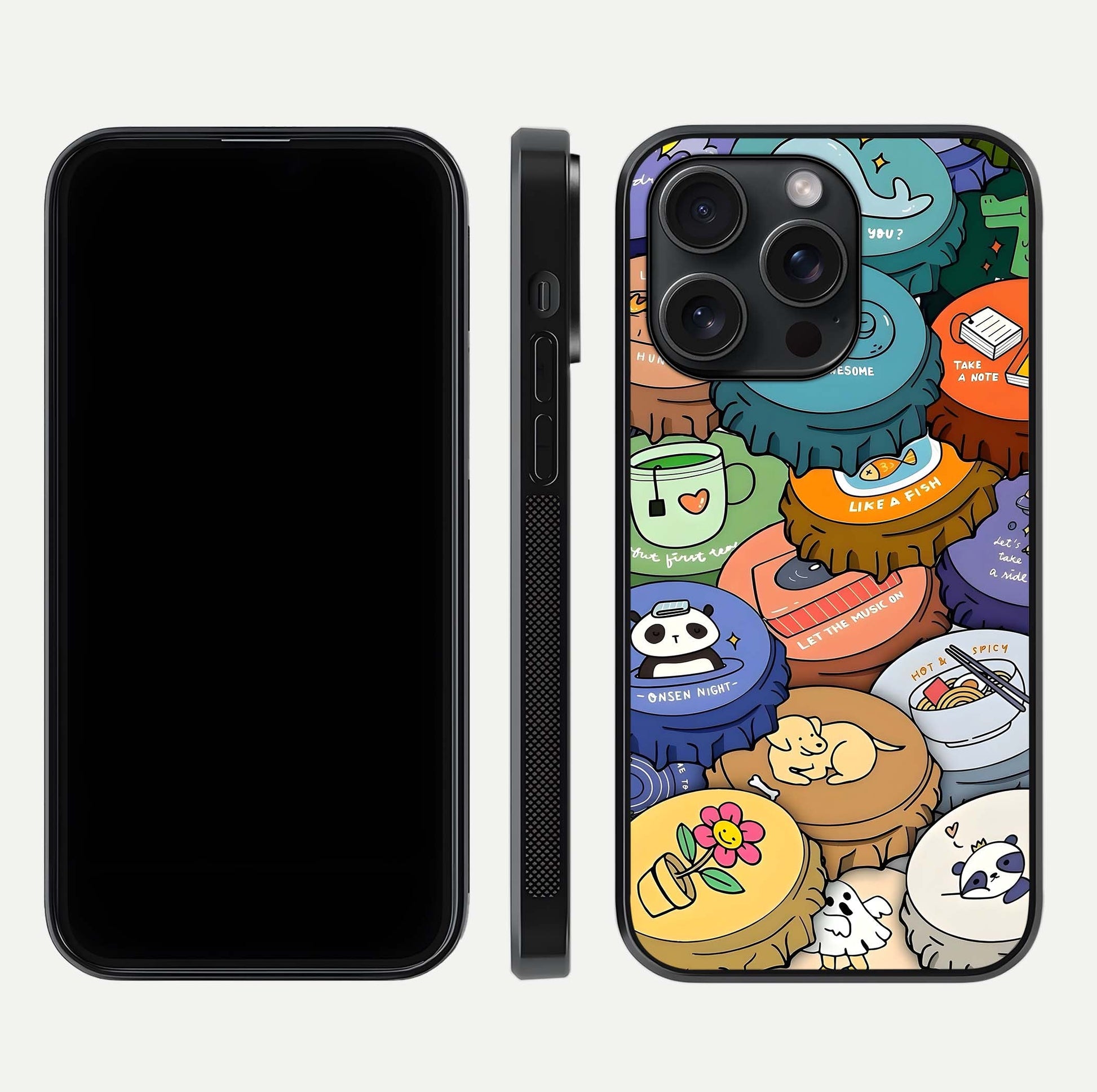 Coins Patterns Glass Case for iPhone 15 Pro dual-view layout displaying elegant art and glass clarity