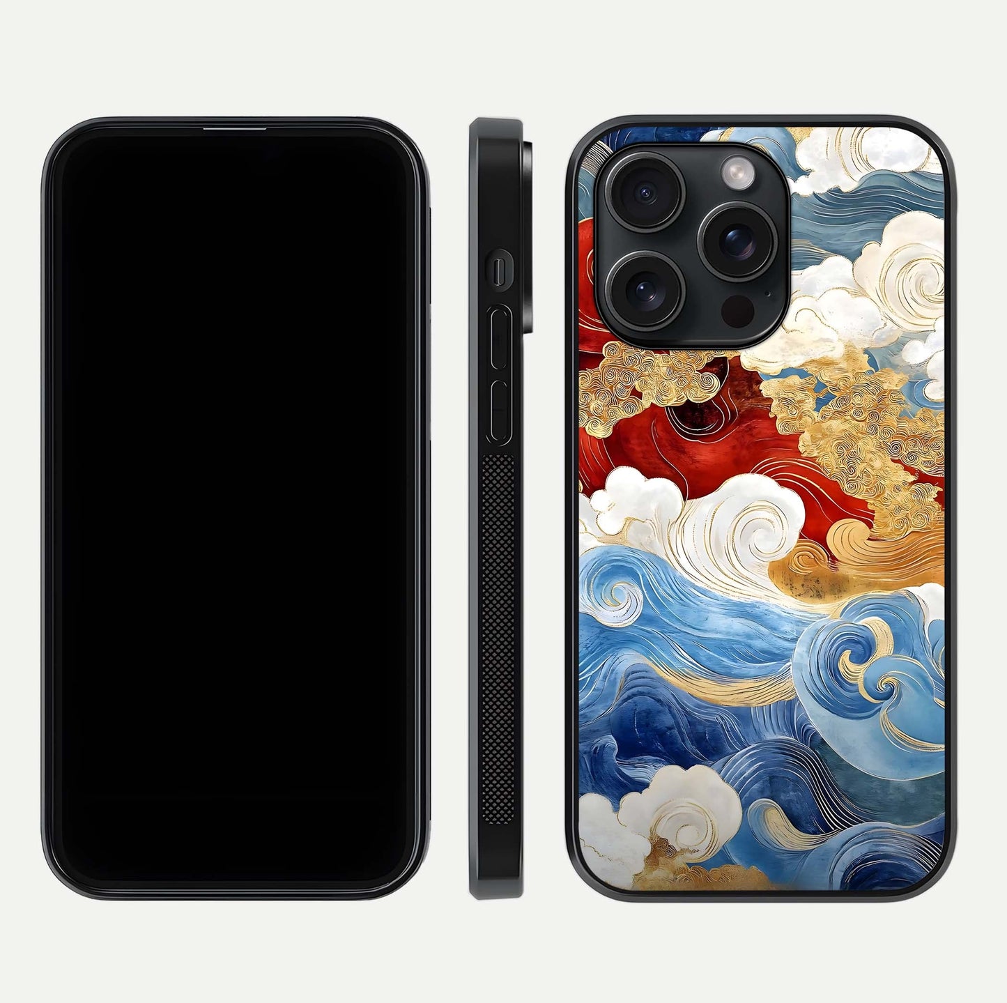 Colored Waves Glass Case for iPhone 15 Pro front & back layout showing smooth edges and vivid print tones