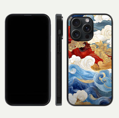 Colored Waves Glass Case for iPhone 15 Pro front & back layout showing smooth edges and vivid print tones