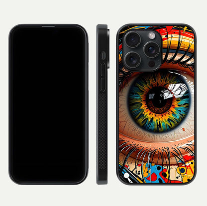 Colorful Eye Glass Case for iPhone 15 Pro dual-view layout displaying vivid tones and smooth glass edges