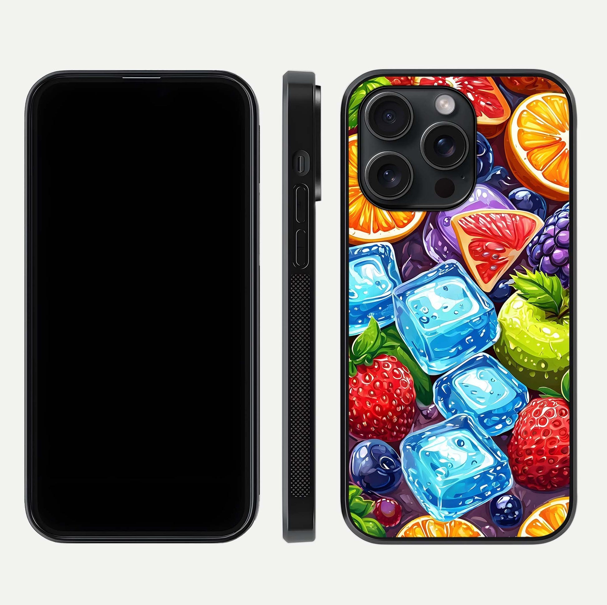 Colorful Fruits with Ice Glass Case for iPhone 15 Pro dual-view layout showing fresh tones and polished edges