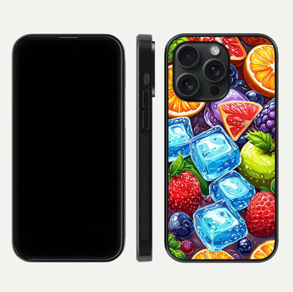 Colorful Fruits with Ice Glass Case for iPhone 15 Pro dual-view layout showing fresh tones and polished edges
