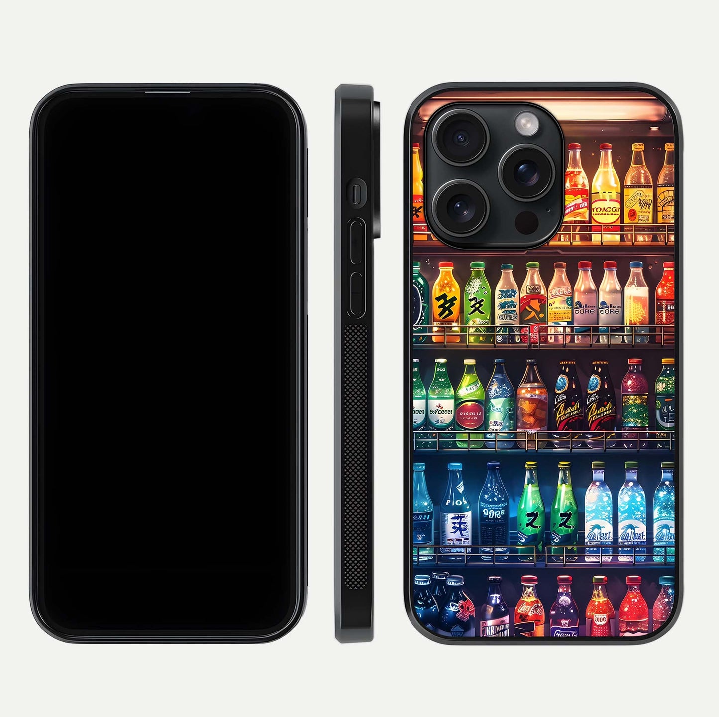 Colorful Soda Bottles Glass Case for iPhone 15 Pro dual-view layout displaying playful tones and gloss clarity
