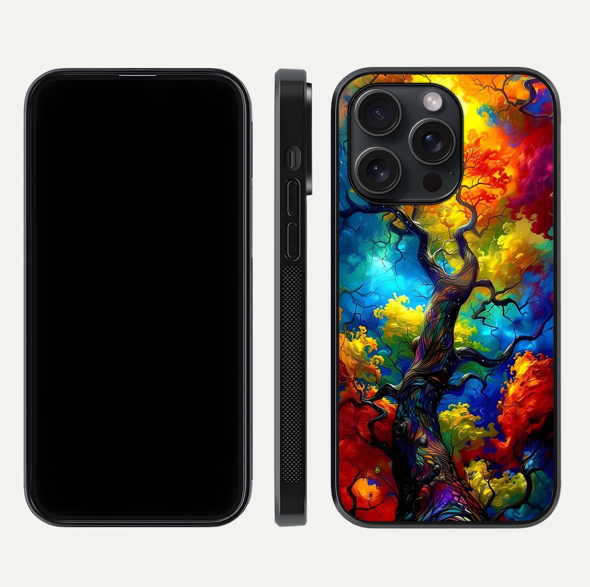 Colorful Tree Glass Case for iPhone 15 Pro dual-view layout displaying balanced tones and smooth edges