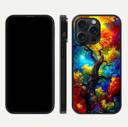Colorful Tree Glass Case for iPhone 15 Pro dual-view layout displaying balanced tones and smooth edges