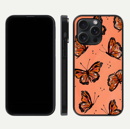 Coral Wing Butterfly Glass Case for iPhone 15 Pro dual-view layout displaying soft floral tones and curved edges