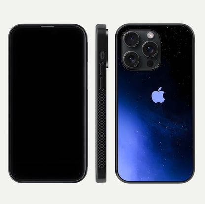 Cosmic Blue Apple Glass Case for iPhone 15 Pro dual-view layout displaying cosmic tones and glass edges