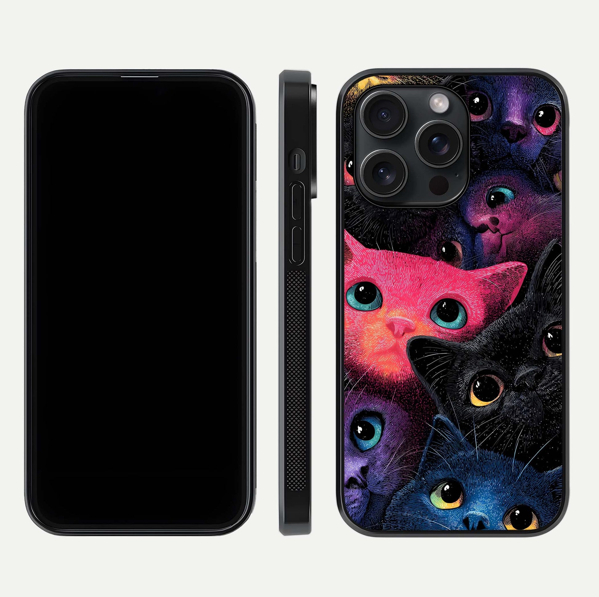 Cosmic Cats Dreams Glass Case for iPhone 15 Pro dual-view layout displaying HD print and glossy shine