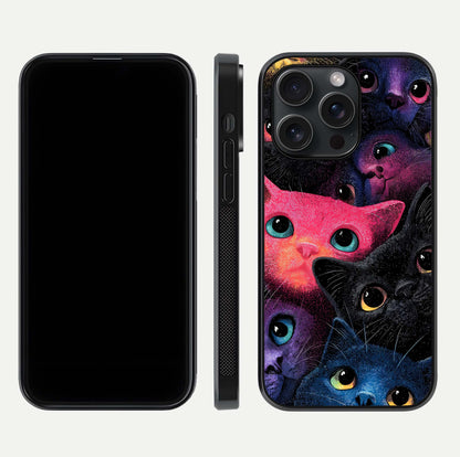 Cosmic Cats Dreams Glass Case for iPhone 15 Pro dual-view layout displaying HD print and glossy shine