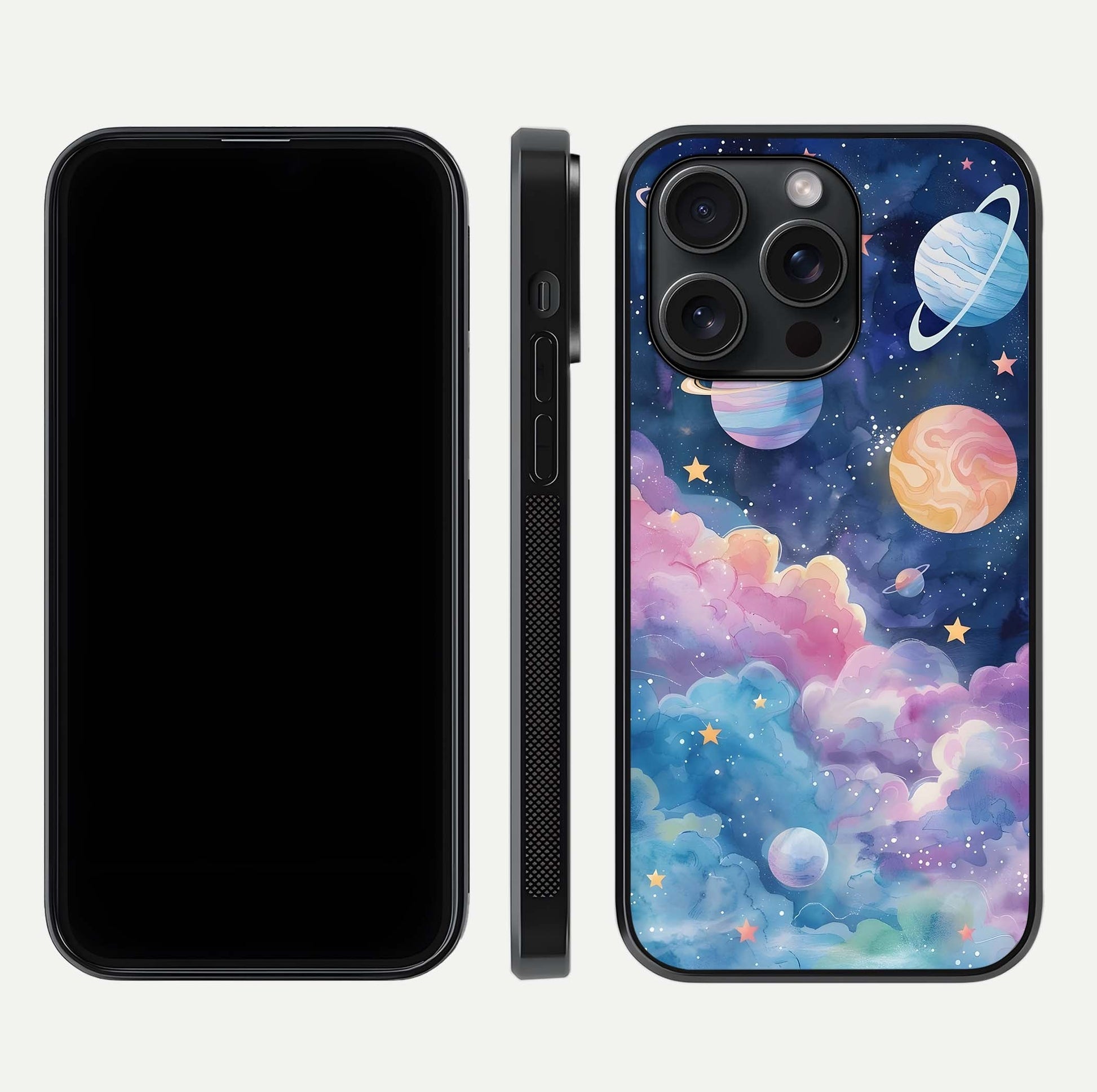 Cosmic Planet Dreams Glass Case for iPhone 15 Pro dual-view layout displaying galaxy colors and curved finish