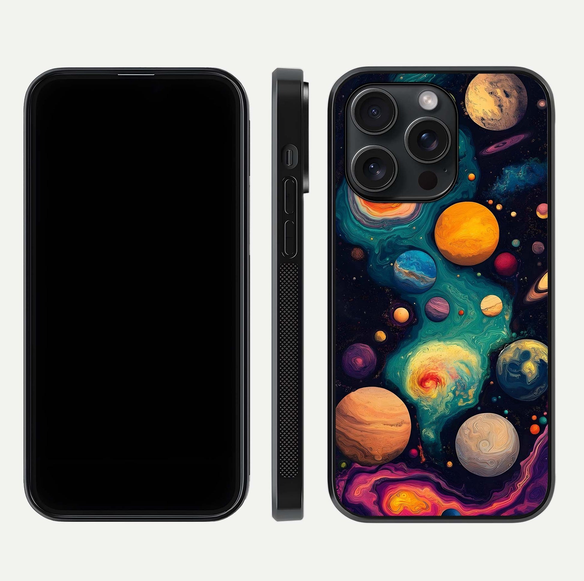 Cosmic Planet Journey Glass Case for iPhone 15 Pro dual-view layout displaying colorful cosmic balance