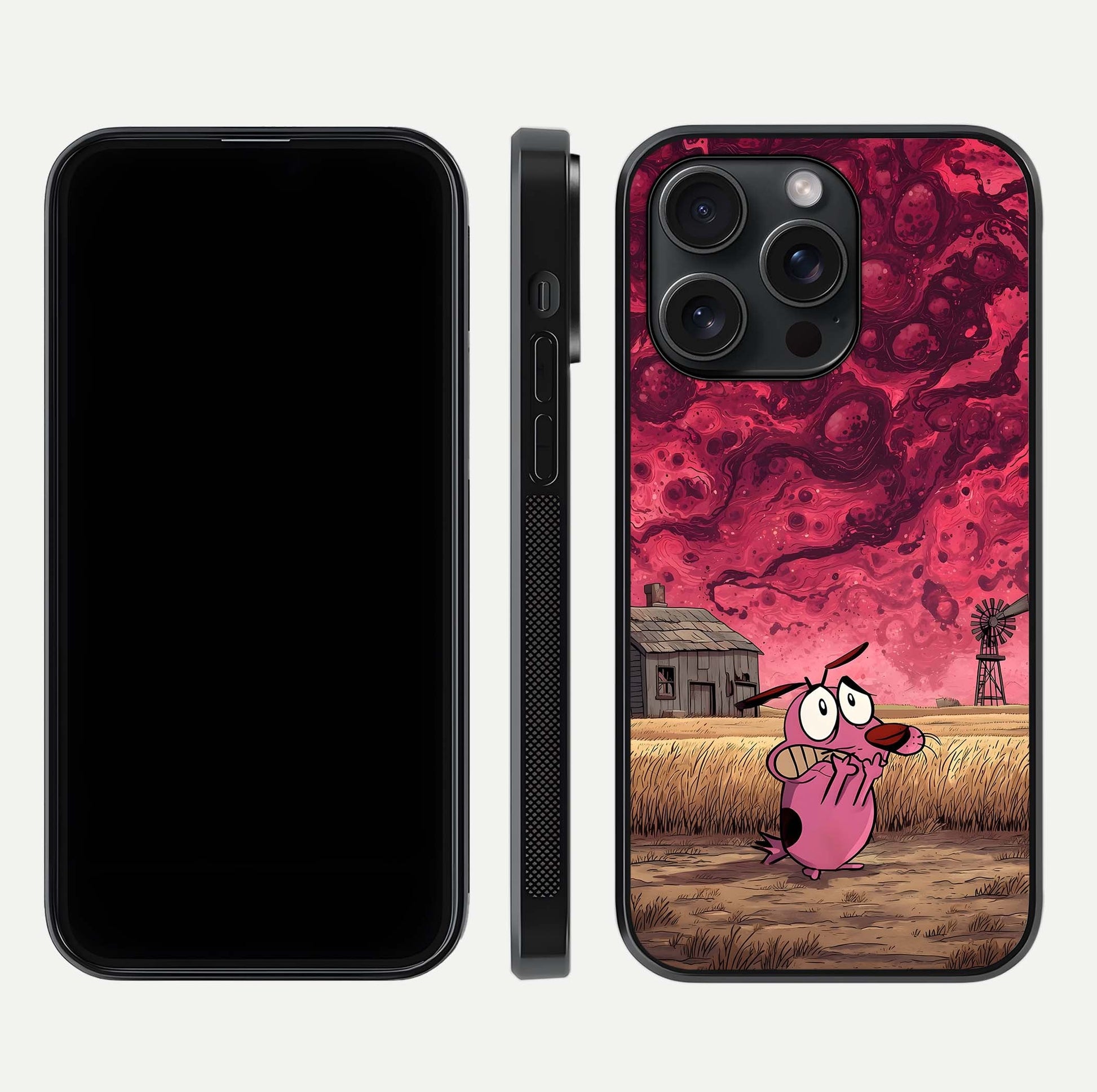 Courage Under Sky Glass Case for iPhone 15 Pro dual-view layout displaying text alignment and glass finish