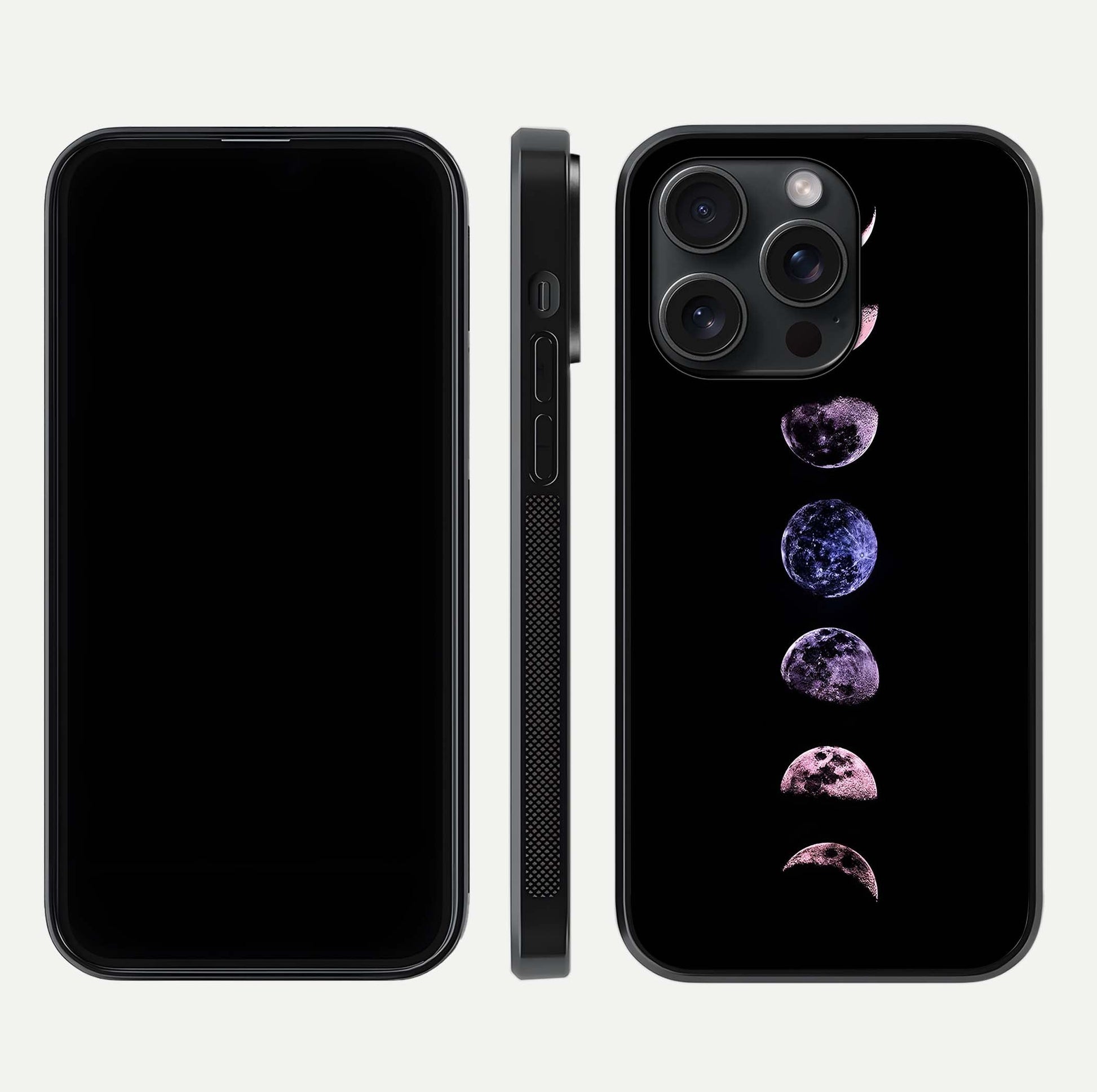 Crimson All Planets Glass Case for iPhone 15 Pro dual-view layout displaying crimson tones and curved edges