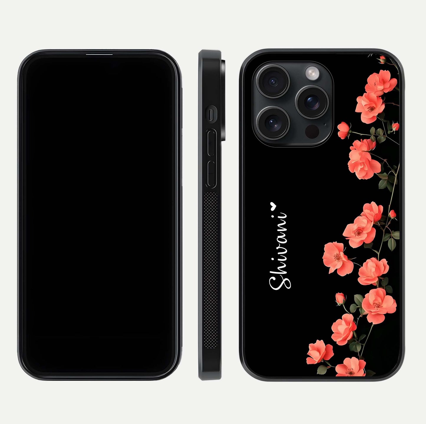 Crimson Bloom Grace Custom Name Glass Case for iPhone 15 Pro dual-view layout displaying custom text and smooth curved edges