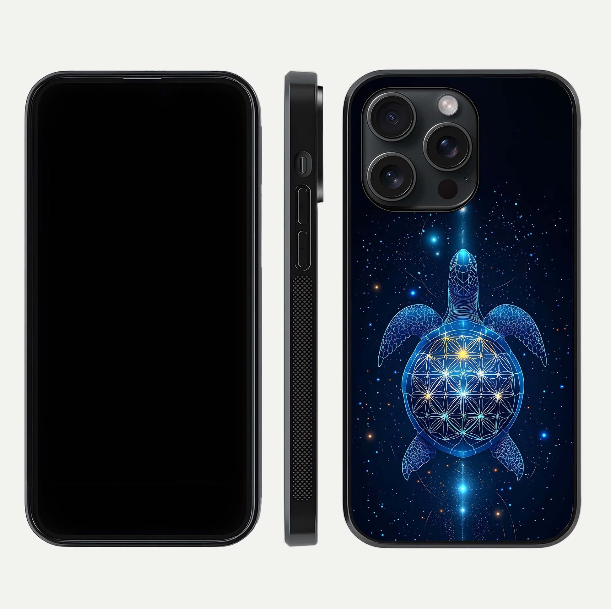 Crimson Blue Turtle Glass Case for iPhone 15 Pro dual-view layout displaying ocean tones and HD finish