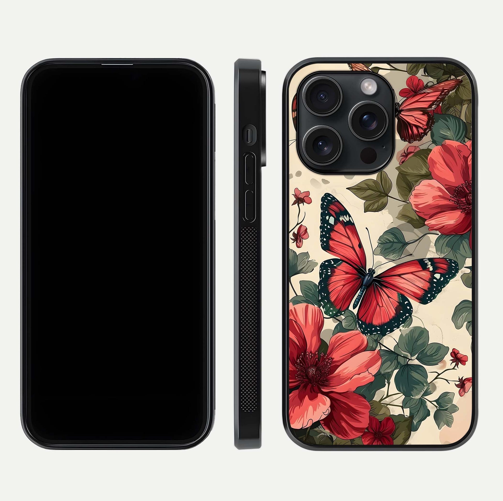 Crimson Butterfly Garden Glass Case for iPhone 15 Pro dual-view layout displaying floral patterns and edge finish
